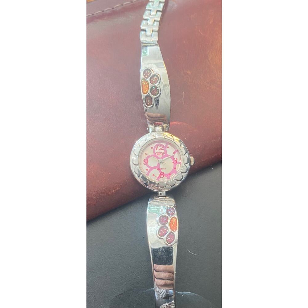 Women's silver Tone 22mm Foxy Watch, Purple and Pink Flower Pattern Face/Band